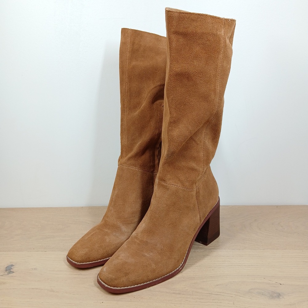 Crown Vintage Mid Calf Slouch Boots Women's 8.5 Tan Suede Block Heel 70s Retro - Picture 1 of 12